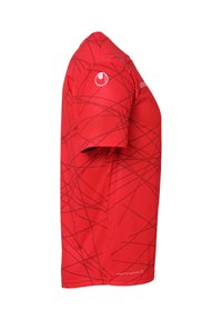 Rode sportieve T-shirt met korte mouwen, voorzien van abstracte donkerrode lijnen, ronde halslijn en een logo op de mouw. Gemaakt van lichtgewicht, ademend materiaal.