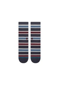 Gestreifte Socken in Marineblau, Hellblau und Maroon. Sie verfügen über wechselnde horizontale Streifen und gerippte Bündchen, hergestellt aus weichem Stoff.