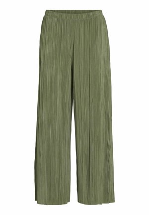 Pantalons larges plissés verts avec taille élastique ; caractéristiques d'une texture verticale et d'une coupe ample, fabriqués à partir d'un matériau léger.