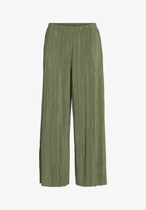 Green pleated wide-leg pants with elastic waistband; features vertical texture and loose fit, made from lightweight material.