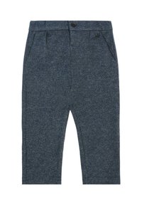Pantalons en bleu foncé texturé avec un motif à carreaux subtil, dotés d'une fermeture par bouton, de poches latérales et d'une coupe droite.