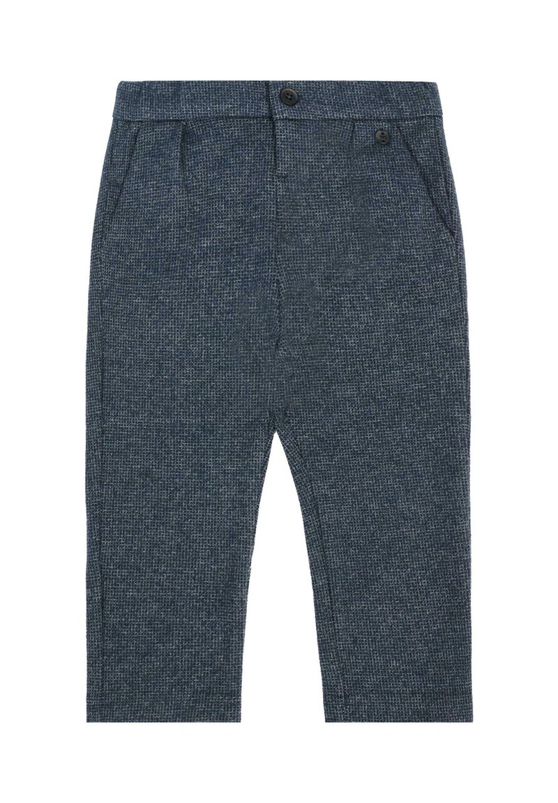 Pantalons en bleu foncé texturé avec un motif à carreaux subtil, dotés d'une fermeture par bouton, de poches latérales et d'une coupe droite.