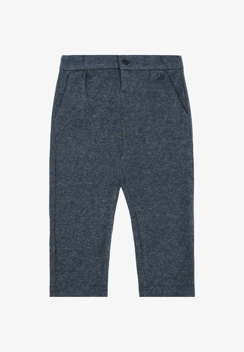 Pantalons en bleu foncé texturé avec un motif à carreaux subtil, dotés d'une fermeture par bouton, de poches latérales et d'une coupe droite.