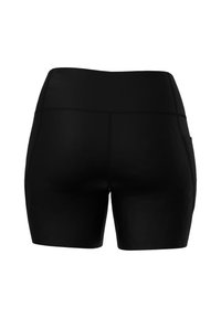 Schwarze Sportshorts aus einem glatten, dehnbaren Stoff. Mit einem hohen Bund und einer kleinen Seitentasche. Minimale Nähte für optimalen Komfort.