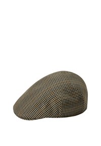 Brown and beige checkered flat cap with a rounded shape and smooth texture, featuring a houndstooth pattern.