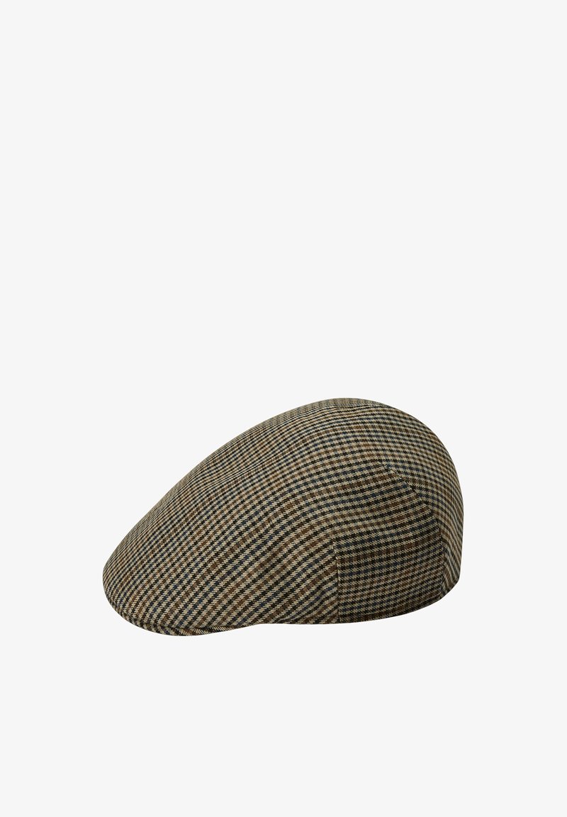 Brun og beige rutete flat caps med rund form og glatt tekstur, med et houndstooth-mønster.