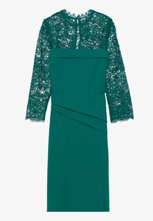 Rochie teal cu un corset din dantelă și mâneci lungi, transparente. Fusta are detalii faldurate pentru un plus de textură și interes vizual.