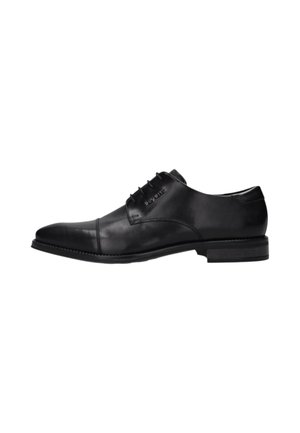 Schwarzer Herrenschnürschuh aus Leder im Oxford-Stil mit geschlossenem Schnürsystem und niedrigem gestapeltem Absatz, seitlich dargestellt.