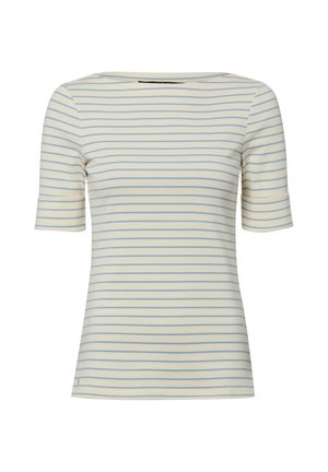 Crèmekleurig T-shirt met korte mouwen met dunne lichtblauwe horizontale strepen en een brede ronde halslijn.