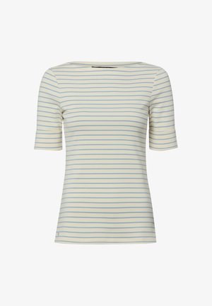 Crèmekleurig T-shirt met korte mouwen met dunne lichtblauwe horizontale strepen en een brede ronde halslijn.