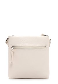 Petit sac bandoulière en cuir blanc avec surface texturée, poche zippée horizontale et attaches de sangle réglables sur les côtés.