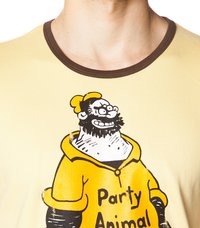 Yellow t-shirt with a brown collar featuring a cartoon character with a beard and cap, text "Party Animal" in dark letters underneath.