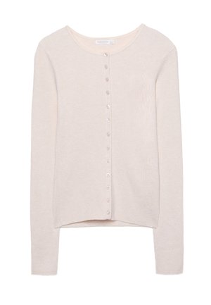 Cremfarbener gerippter Cardigan mit langen Ärmeln, rundem Halsausschnitt und sechs Knopfverschluss. Weicher Stoff und leicht geschwungener Saum.
