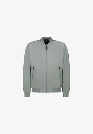 Lichtgrijze bomberjack met een rits aan de voorkant, ribbelmanchetten en een ribbelzoom. Voorzien van twee zijzakken en een ritszak op de mouw voor opbergruimte.