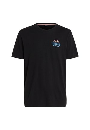 Black short-sleeve t-shirt with small chest design featuring pink and blue semi-circles and the word "Protest" in blue.