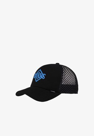 Schwarze Baseballkappe mit einem blauen geometrischen Muster auf der Vorderseite, ausgestattet mit einem Mesh-Rücken zur Belüftung und einem gebogenen Schirm.