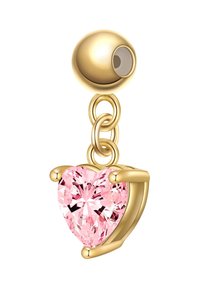 Arany színű fülbevaló, szív alakú, rózsaszín kristály pendellel, amelyet egy sima, kerek fülbevalóval láttak el a tetején.