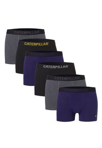 Six paires de boxers pour hommes en gris, noir et violet avec des ceintures élastiques arborant le logo "CATERPILLAR" en jaune et noir.