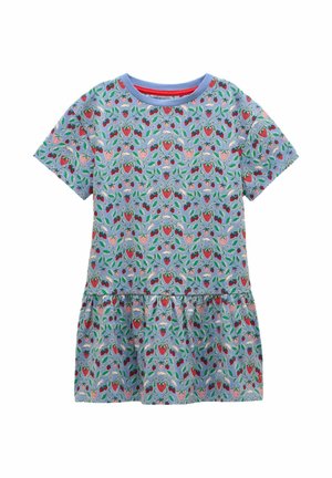 Zila īsroku kleita ar pakāpenisku svārku un krāsainu zemeņu, lapu un vīnogulāju rakstu.