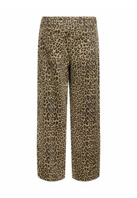 Pantalones de estampado de leopardo con una base beige y manchas marrón oscuro, diseño de pierna recta y dos bolsillos traseros. Textura de tela suave.