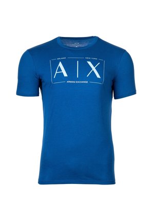 Blue cotton t-shirt with short sleeves, crew neck, featuring a white graphic design with "AIX" and "ARMANI EXCHANGE" text.