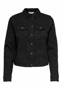 Veste en denim noire à manches longues, fermeture par boutons sur le devant, deux poches poitrine à rabat et col, étiquetée "ONLY" à l'intérieur du col.