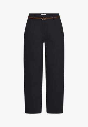 Mustad kõrge vöökohaga sirge lõikega püksid esikortsude, luku sulgemise ning õhukese pruuni vööga, millel on hõbedane pandl.