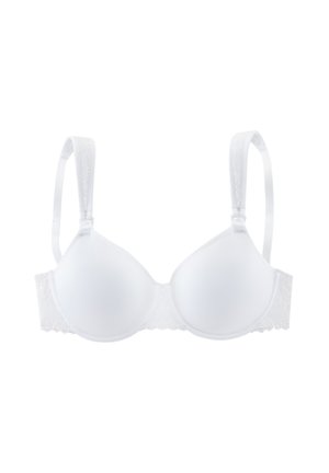 White padded bra with adjustable straps and lace detailing on straps and band, shown against a white background.