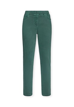Pantalones de tela elástica verde con una textura suave, cinturilla elástica y bolsillos. Diseño de pierna recta ajustado, adecuado para uso casual.
