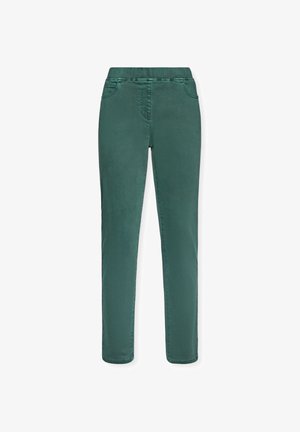 Pantalones de tela elástica verde con una textura suave, cinturilla elástica y bolsillos. Diseño de pierna recta ajustado, adecuado para uso casual.