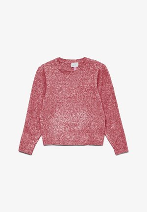 Maglione rosso scintillante lavorato a maglia con scollo rotondo e maniche lunghe. Presenta un design testurizzato, ampio con polsini e orlo a costine.