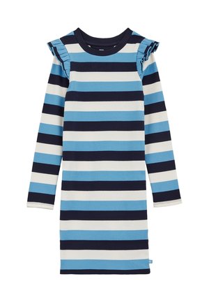 Sukienka z długim rękawem, prążkowana, z szerokimi, poziomymi paskami w kolorze granatowym, jasnoniebieskim i białym, z falbanami na ramionach.