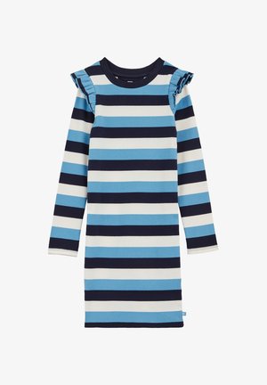 Vestido de manga larga acanalado con amplias rayas horizontales en azul marino, azul claro y blanco, con detalles de volantes en los hombros.