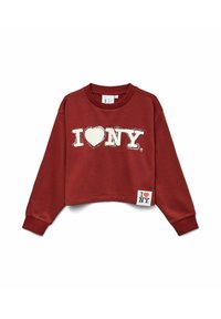Zkrácená červená mikina s bílou grafikou "I ♥ NY", kulatým výstřihem, žebrovanými manžetami a bočním štítkem s logem "I ♥ NY". Měkká textilie.