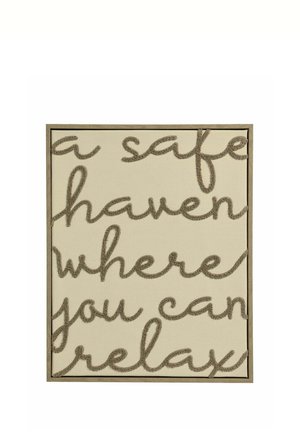 Handwritten-style text in brown on beige background reads "a safe haven where you can relax" inside a wooden frame.
