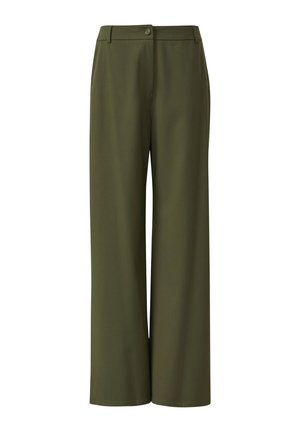 Pantaloni verde oliva a gamba larga con una texture liscia, dotati di chiusura con bottoni e una vestibilità su misura.