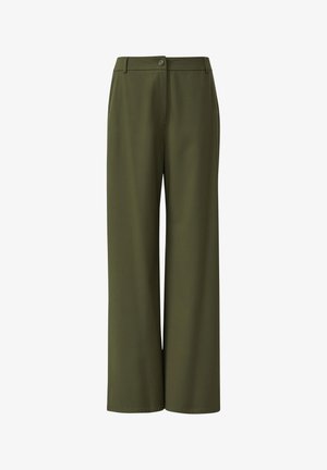 Olive green wide-leg trousers with a smooth texture, featuring a button closure and a tailored fit.