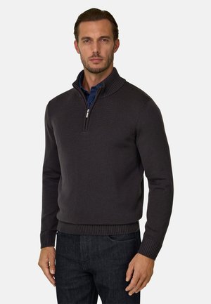 Man met een donkergrijze trui met kwart-ritssluiting over een blauw overhemd met kraag en zwarte broek, staand tegen een effen lichte achtergrond.