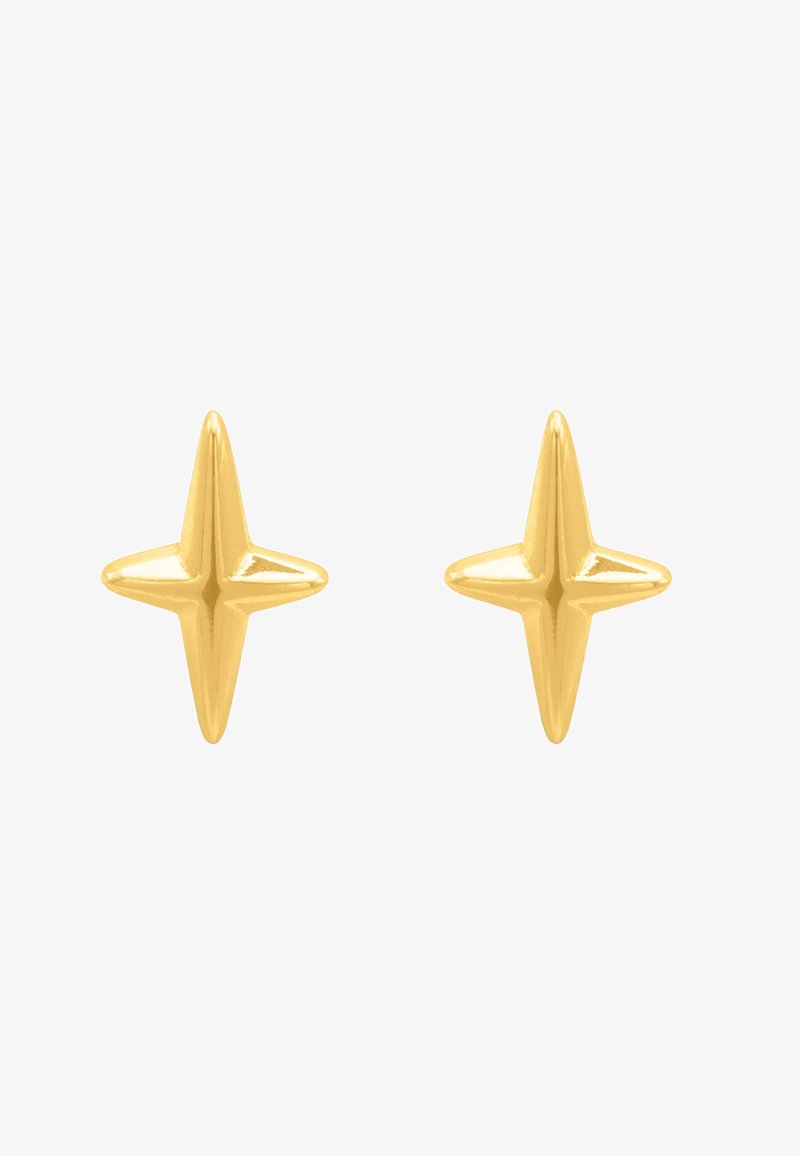 Paire de petites boucles d'oreilles en or en forme d'étoiles à quatre branches avec une finition polie et brillante.
