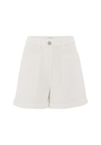 Shorts in denim bianco con risvolti, dotati di due tasche frontali e chiusura con bottone argento in vita. Tessuto liscio.