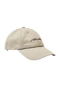 Cappellino da baseball in cotone beige con visiera curva e frase ricamata "Ti aspetterò" in marrone scuro. Presenta fori di ventilazione sulla parte superiore.