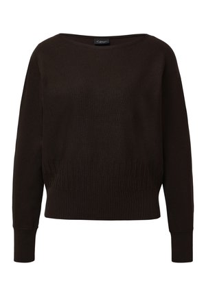Dunkelbrauner Langarmstrickpullover mit geripptem Saum und Bündchen, leicht weitem Bootsausschnitt und subtiler Strukturmusterung über dem Saum.