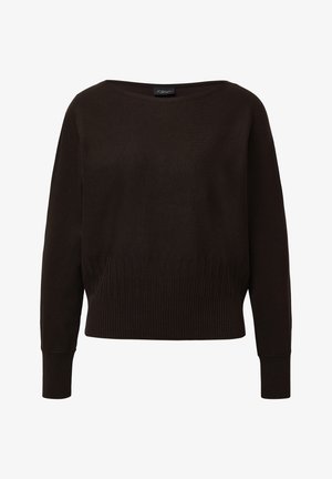 Dunkelbrauner Langarmstrickpullover mit geripptem Saum und Bündchen, leicht weitem Bootsausschnitt und subtiler Strukturmusterung über dem Saum.