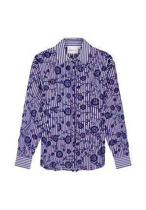 Overhemd met lange mouwen, voorzien van blauw-witte verticale strepen en een bloemmotief in donkerblauw, glanzende stof en knoopsluiting.