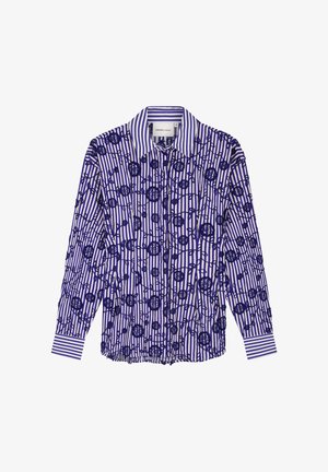 Overhemd met lange mouwen, voorzien van blauw-witte verticale strepen en een bloemmotief in donkerblauw, glanzende stof en knoopsluiting.