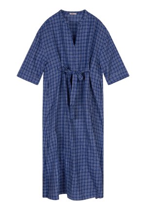 Blauwe geruite jurk van lichtgewicht stof, met een V-hals, korte mouwen en een gestrikte taille voor een verstelbare pasvorm.