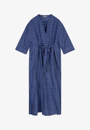 Blauwe geruite jurk van lichtgewicht stof, met een V-hals, korte mouwen en een gestrikte taille voor een verstelbare pasvorm.