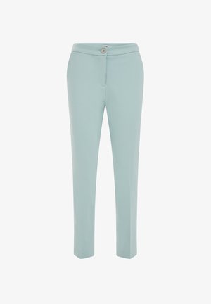 Ljusblå skräddarsydda byxor med en slät textur, dragkedjefly, och knappstängning. Har avsmalnande ben och sidofickor.