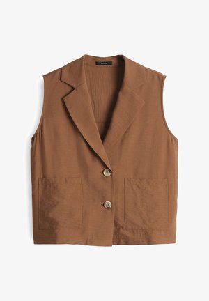 Braune ärmellose Weste mit Reverskragen, ausgestattet mit zwei Fronttaschen und zwei Knöpfen. Hergestellt aus glattem, leichtem Stoff.