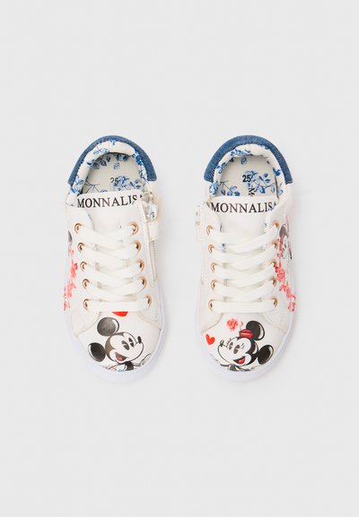 White sneakers with colorful Mickey and Minnie Mouse prints, gold eyelets, and denim-patterned ankle trim; floral printed interior lining.